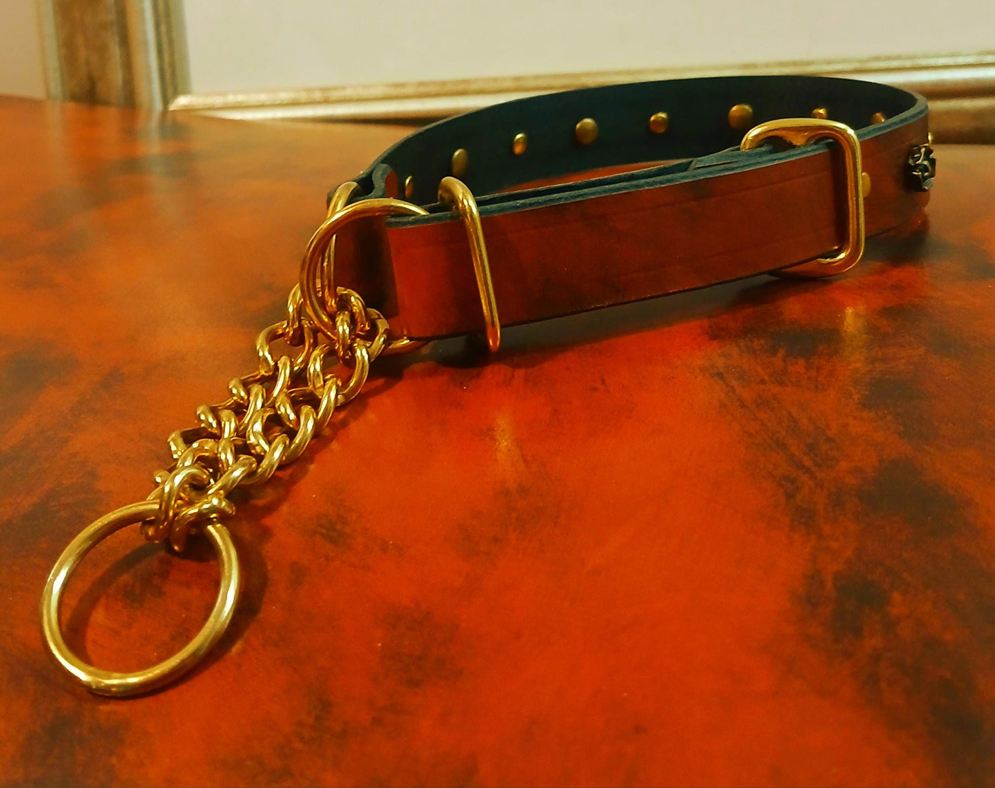 Leather Martingale Dog Collar, Brass, Adjustable, Customizable - Stone Rival Leather