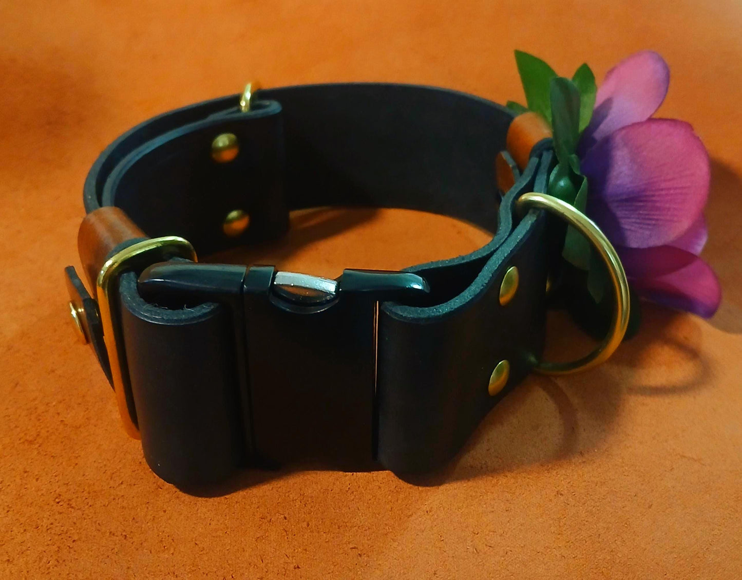 Hand Made Leather Quick Release Dog Collar with Snap on Forever Flower