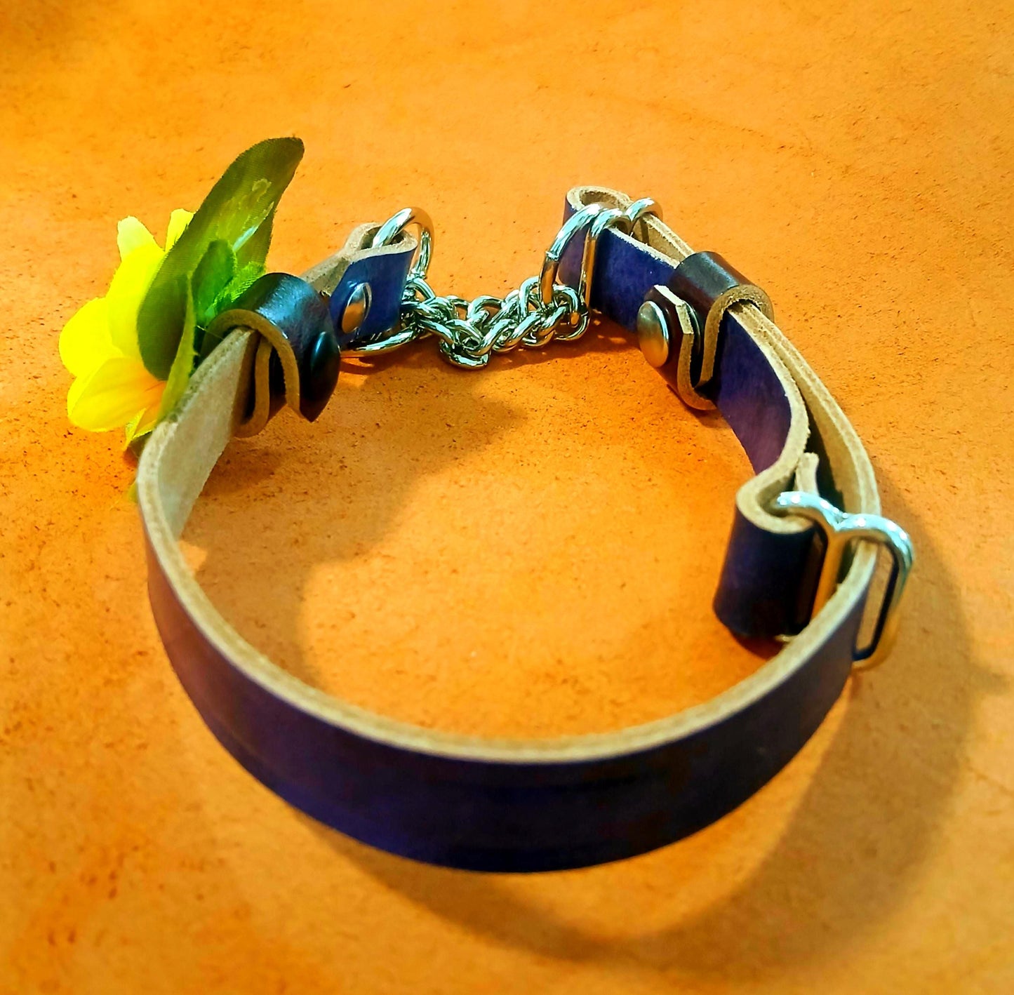 Hand Made Leather Dog Collar Martingale with Snap on Forever Flower
