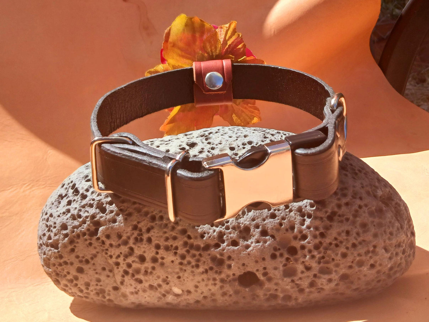Handmade Leather Dog Collar with Snap On Forever Flower