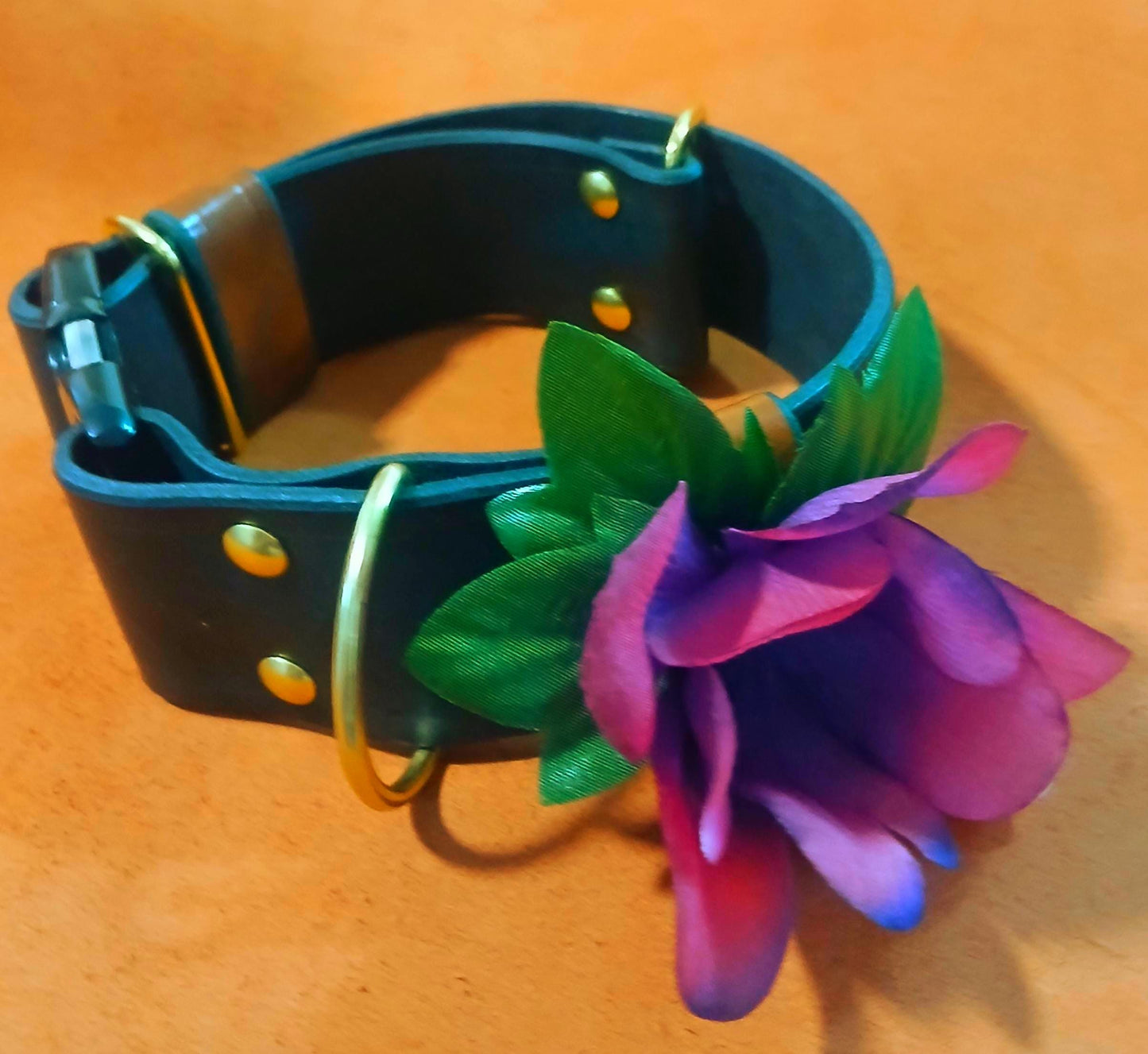 Hand Made Leather Quick Release Dog Collar with Snap on Forever Flower