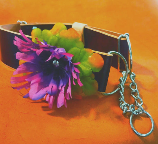 Hand Made Leather Dog Collar Martingale Collar Adjustable with Snap on Forever Flower