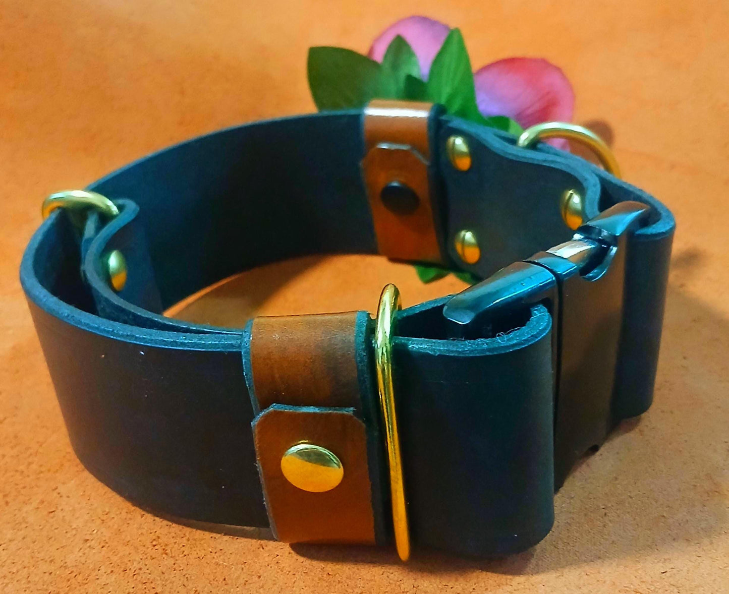 Hand Made Leather Quick Release Dog Collar with Snap on Forever Flower