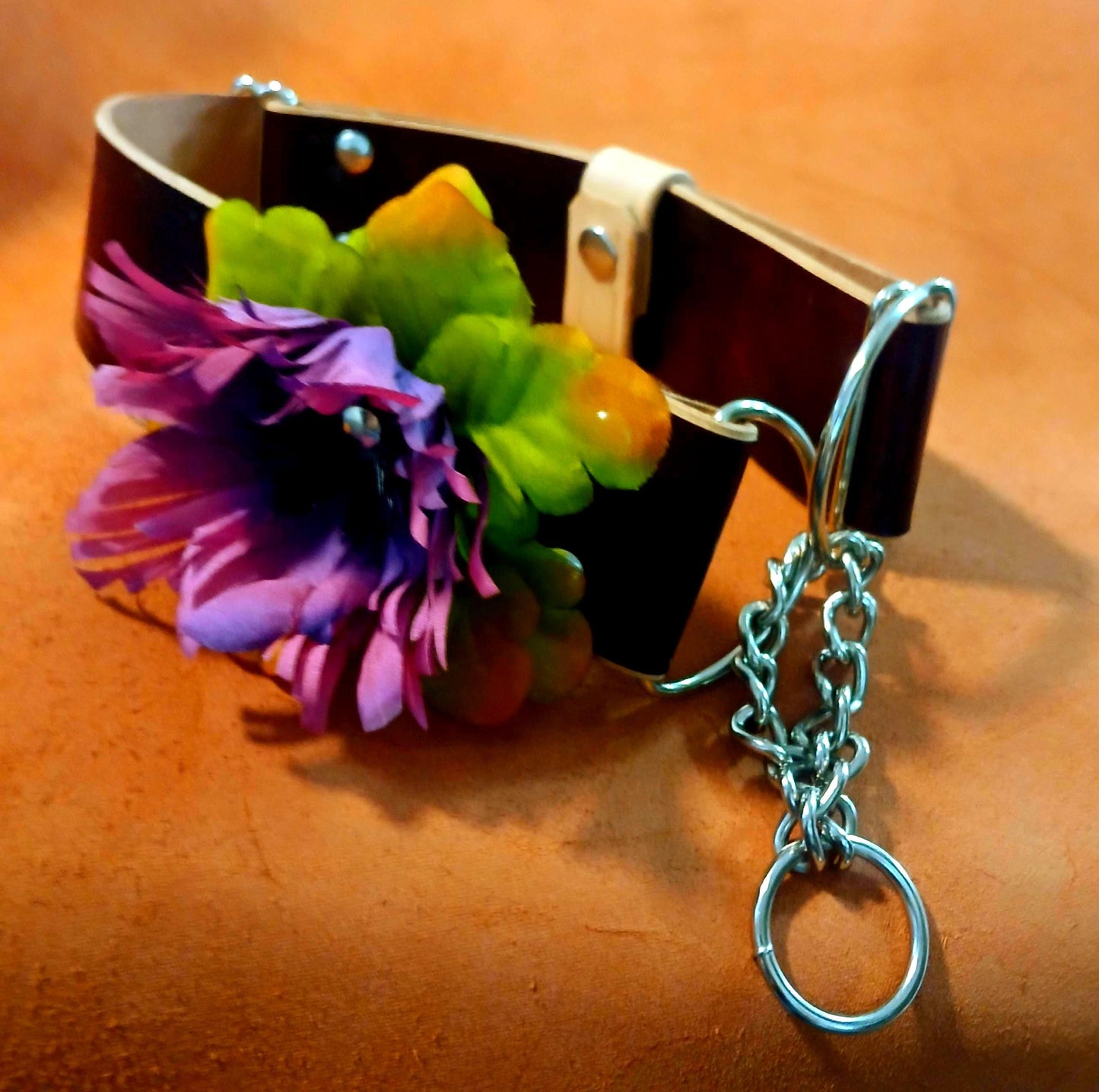 Hand Made Leather Dog Collar Martingale Collar Adjustable with Snap on Forever Flower