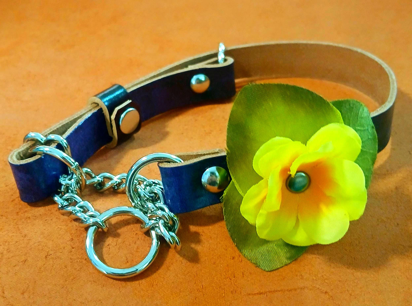Hand Made Leather Dog Collar Martingale with Snap on Forever Flower