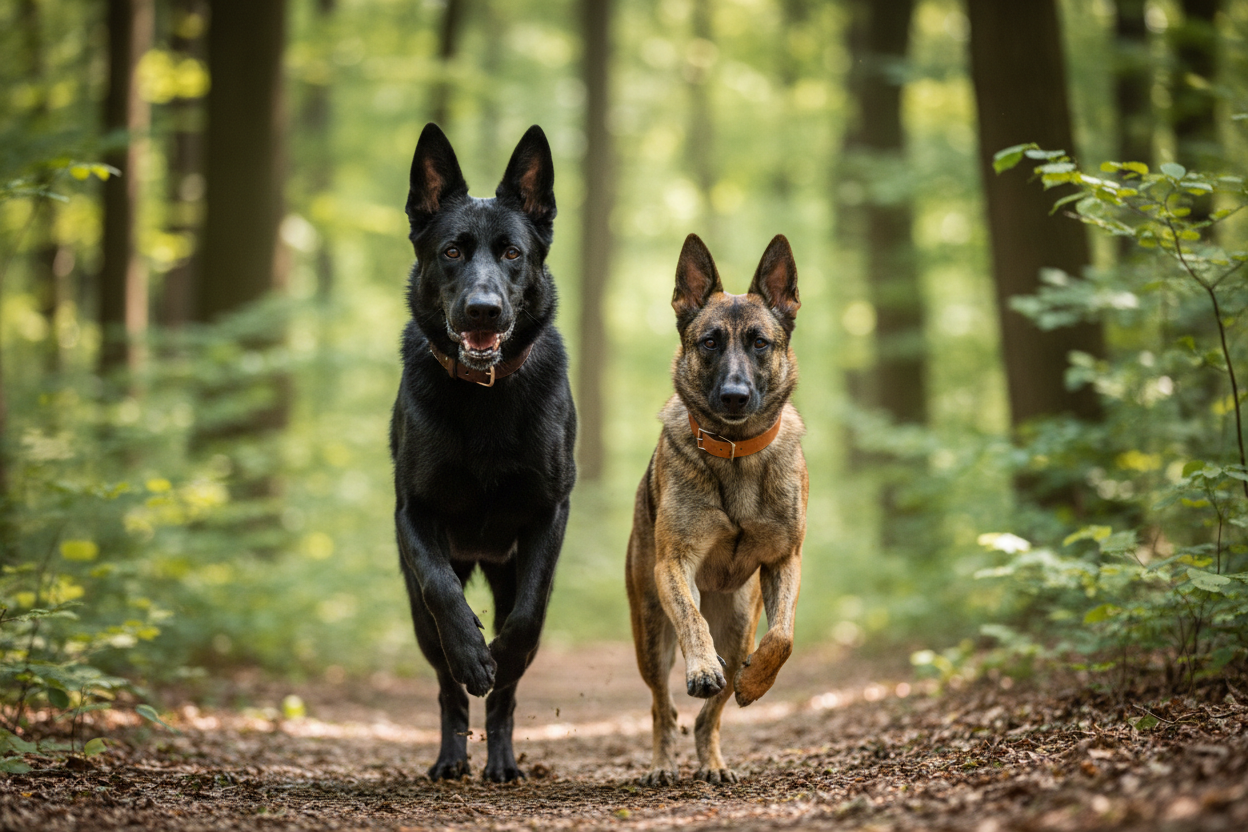 Black German Shepherd and brindle Dutch Shepherd running together