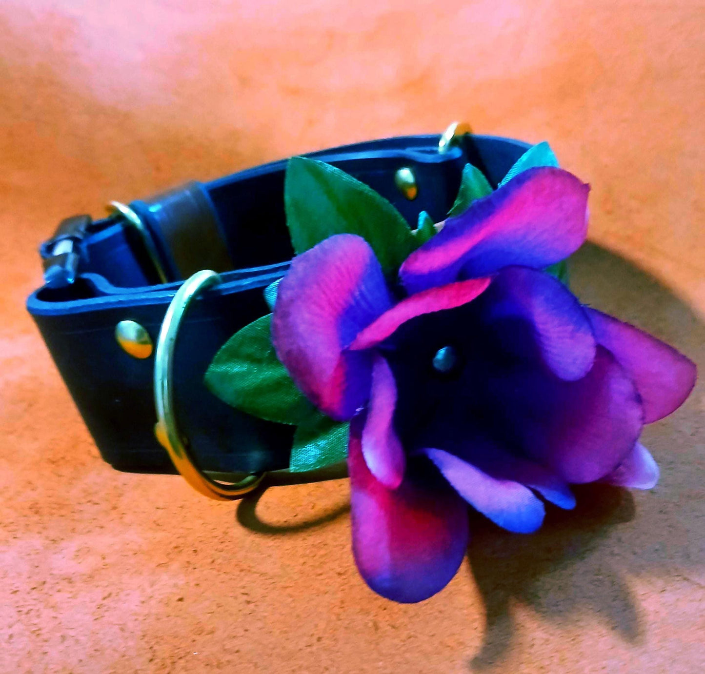 Hand Made Leather Quick Release Dog Collar with Snap on Forever Flower