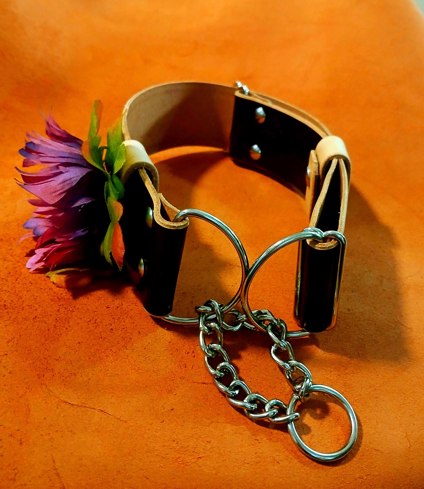 Hand Made Leather Dog Collar Martingale Collar Adjustable with Snap on Forever Flower