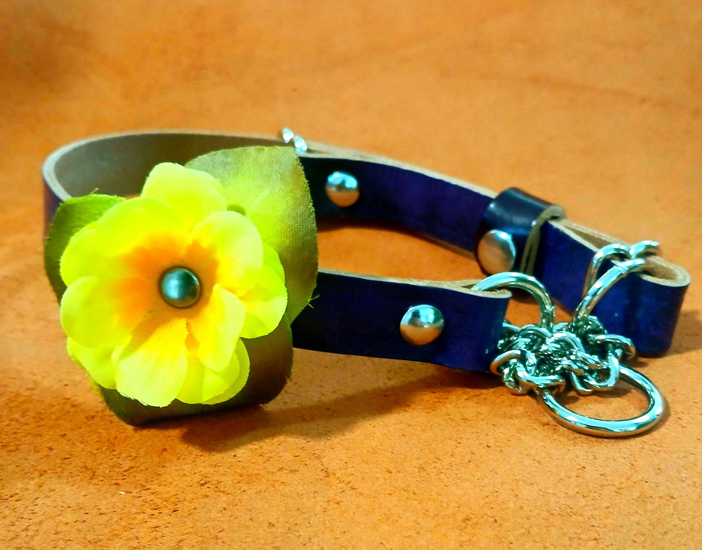 Hand Made Leather Dog Collar Martingale with Snap on Forever Flower