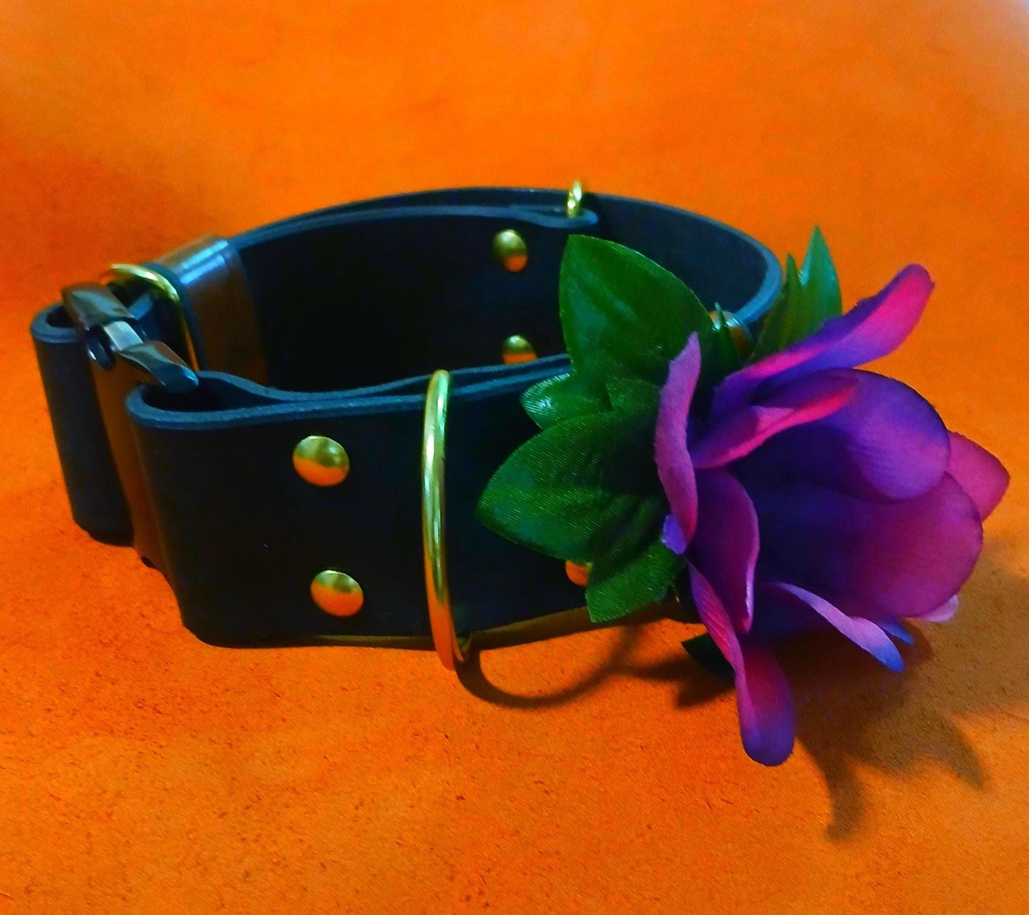 Hand Made Leather Quick Release Dog Collar with Snap on Forever Flower