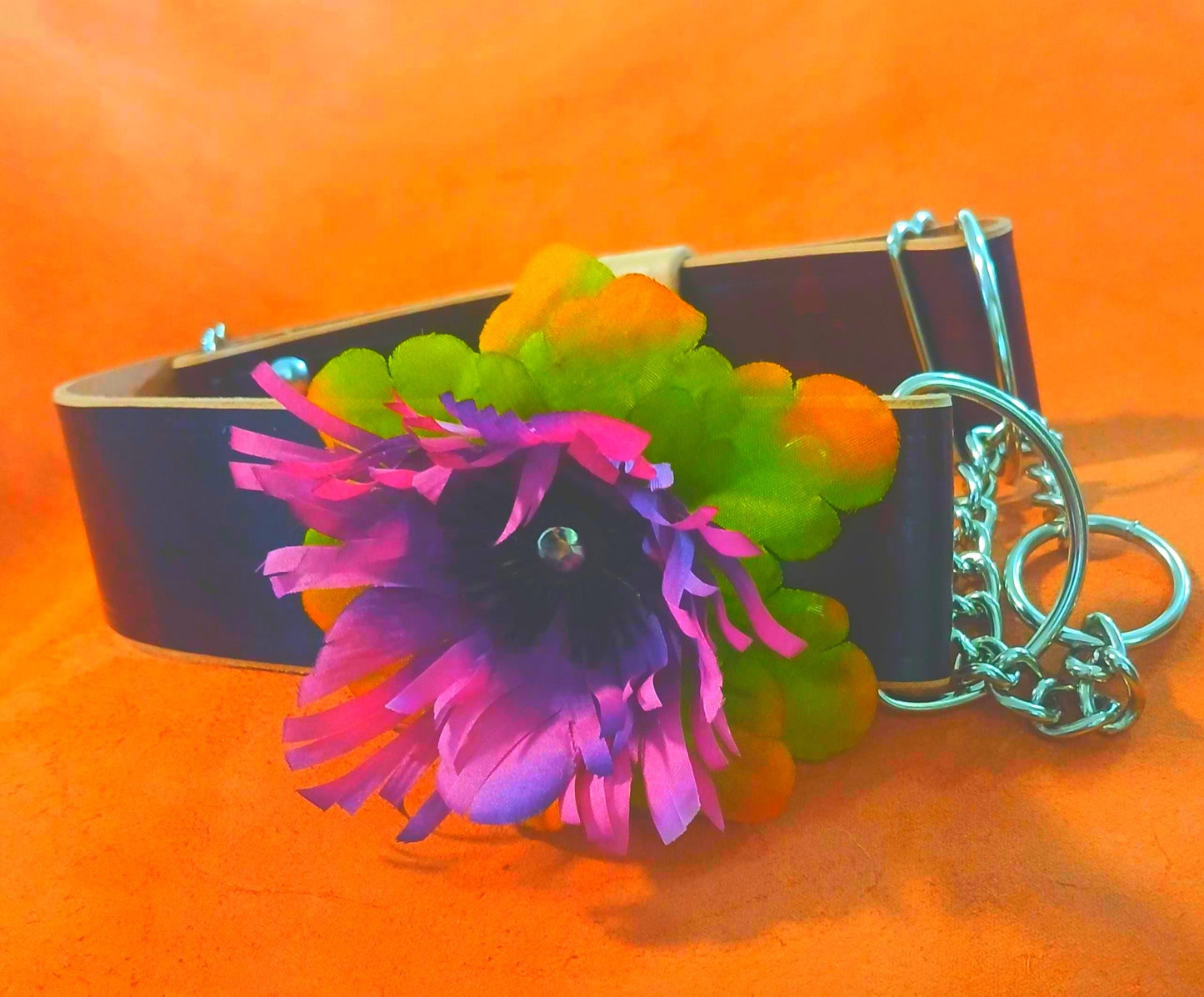 Hand Made Leather Dog Collar Martingale Collar Adjustable with Snap on Forever Flower